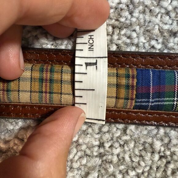 Fossil Patchwork Plaid Leather Belt Brown Brass Buckle Women’s S VGUC - Picture 8 of 9